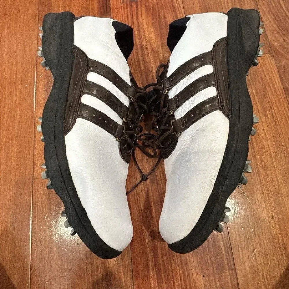 adidas Adipure Men's Golf Shoes Leather Spiked Lace Up White Brown Black size 9